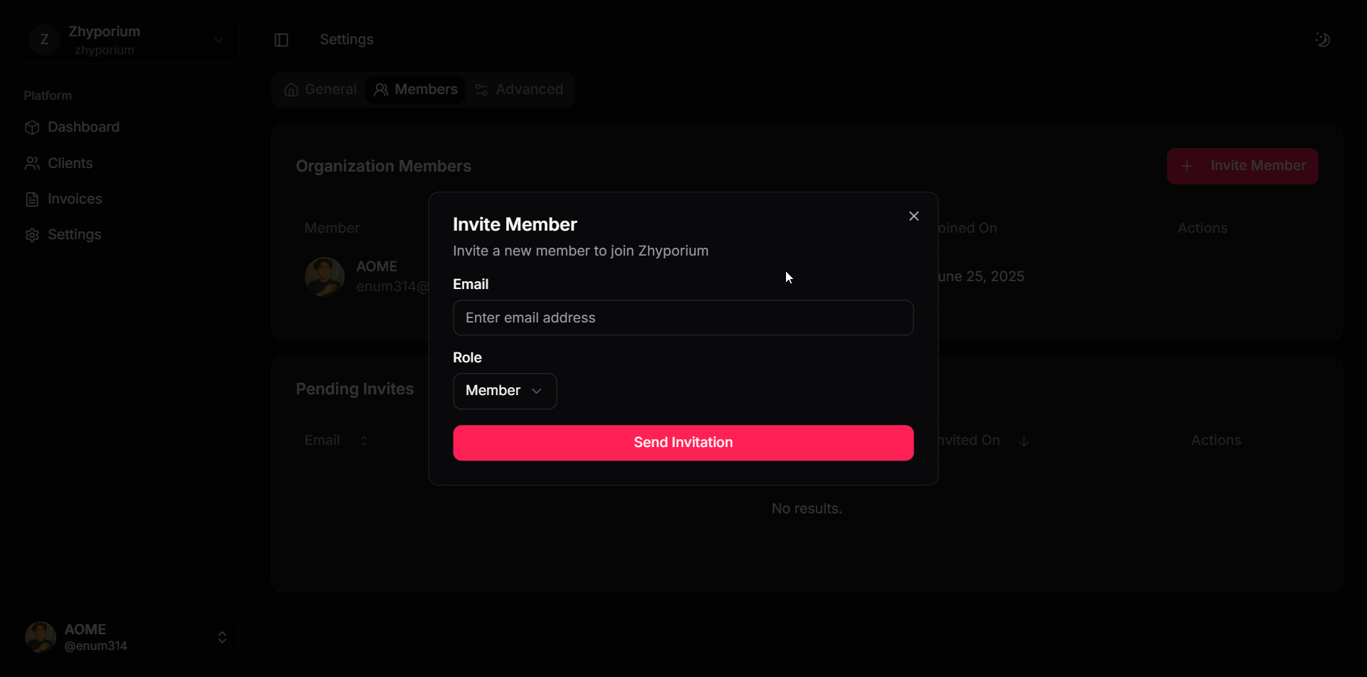 Team member invitation form