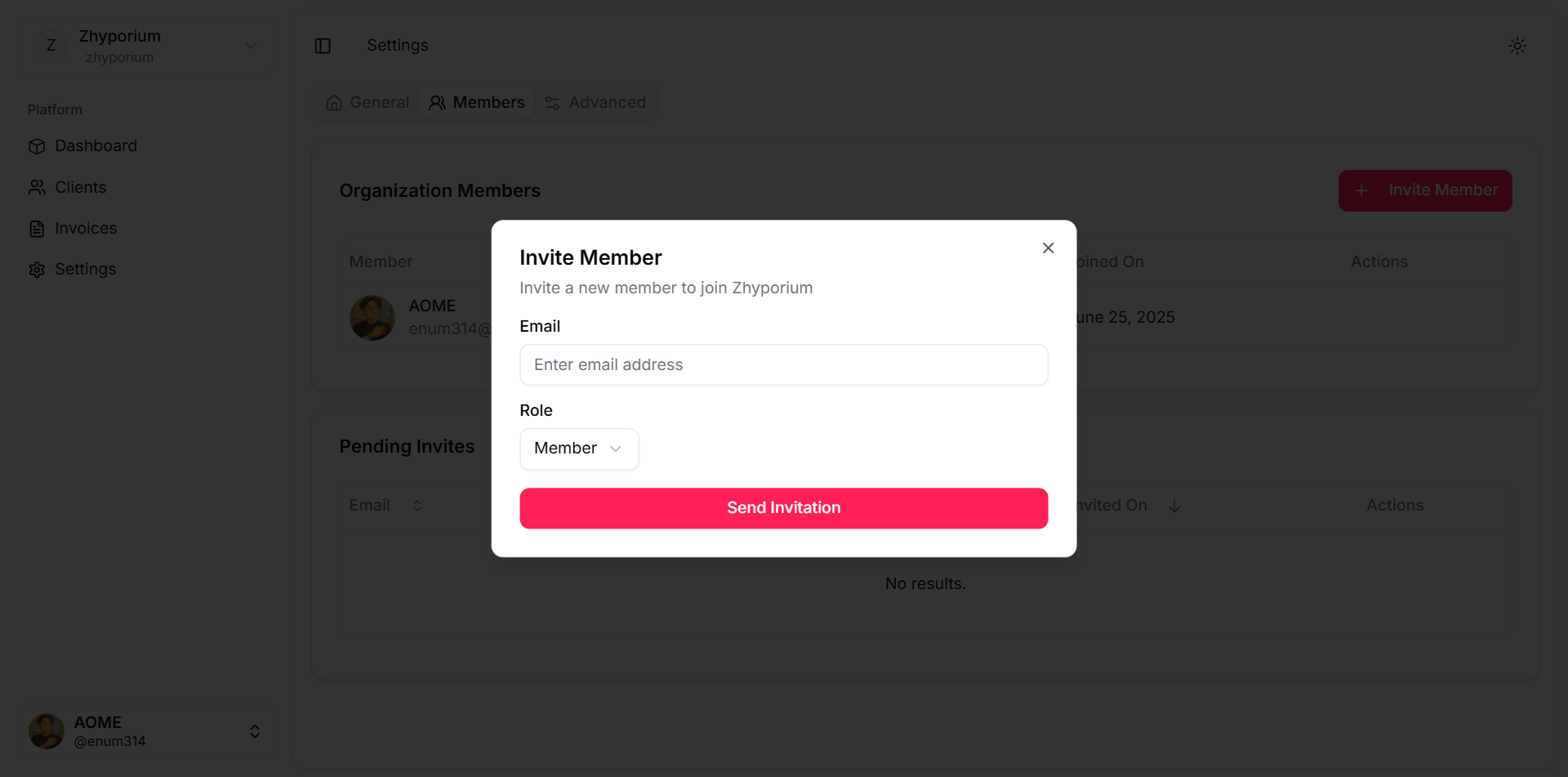 Team member invitation form