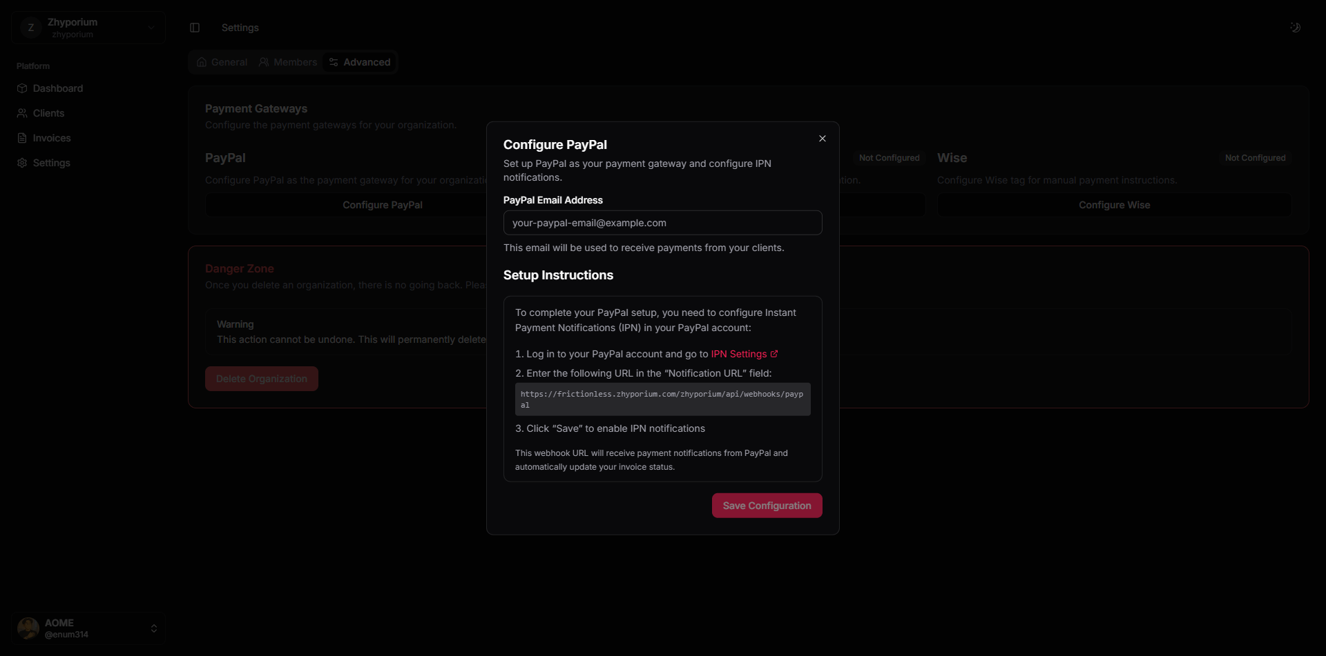 PayPal configuration page