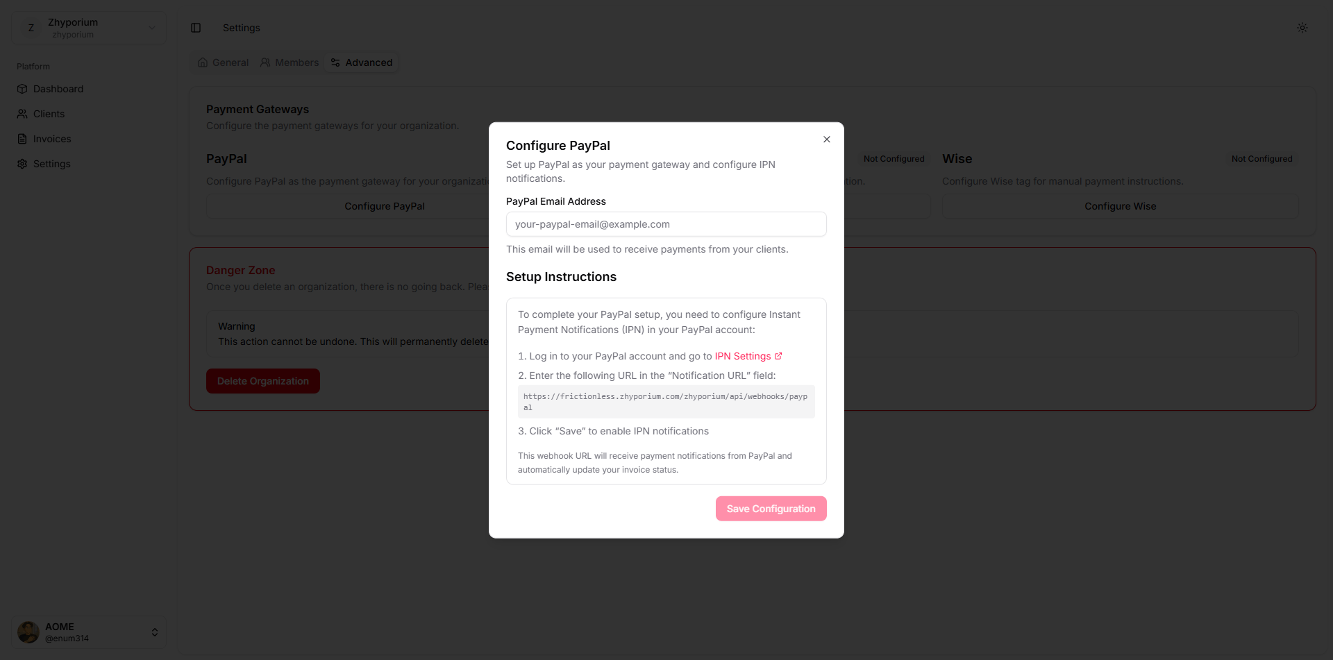 PayPal configuration page