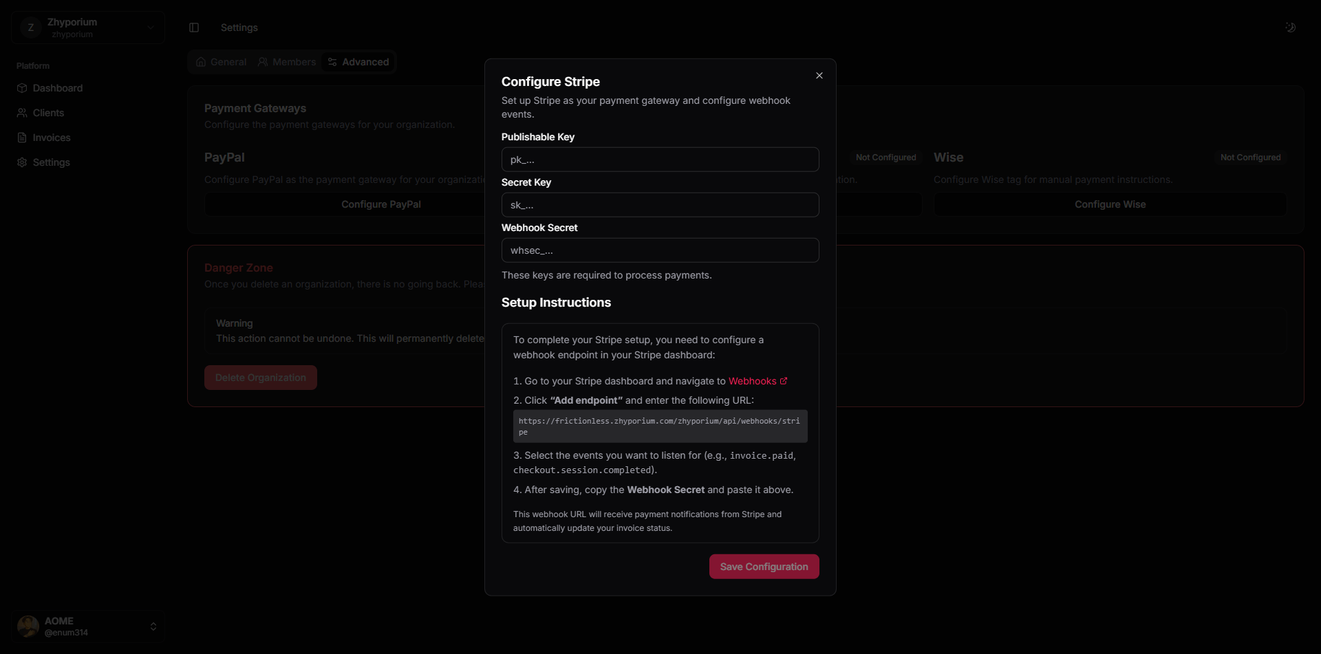Stripe configuration page