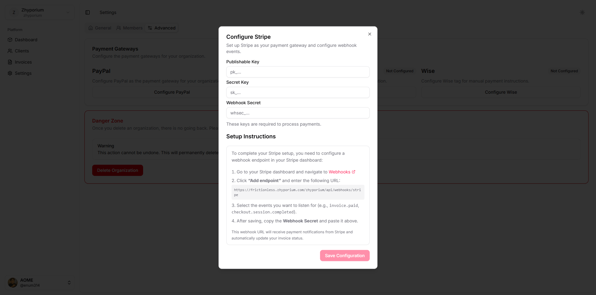 Stripe configuration page