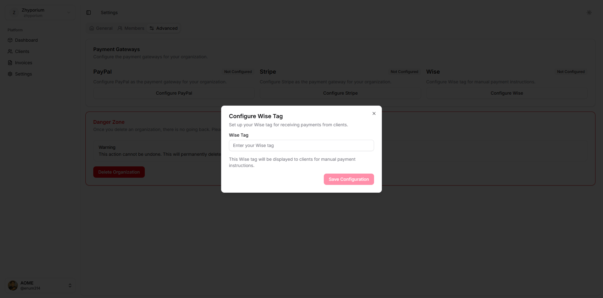 Wise configuration page