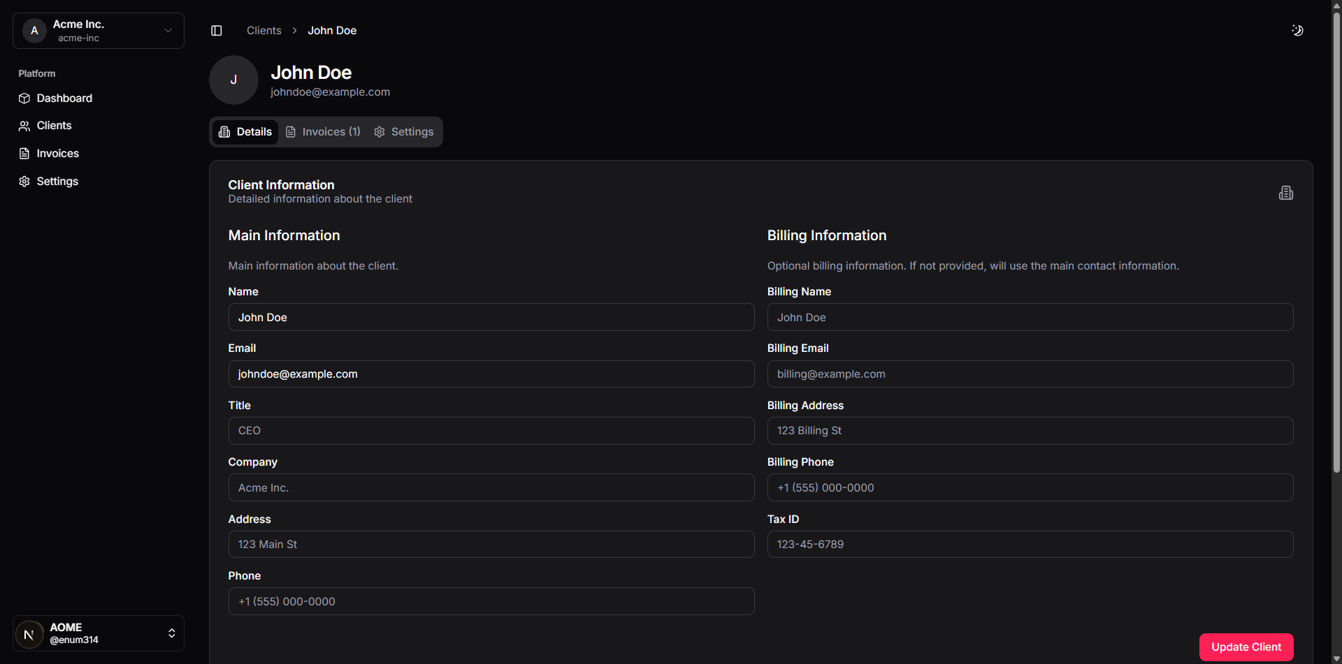 Client list page showing client cards with contact info and recent activity