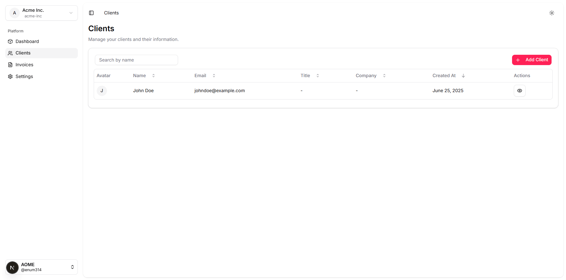 Client list page showing client cards with contact info and recent activity
