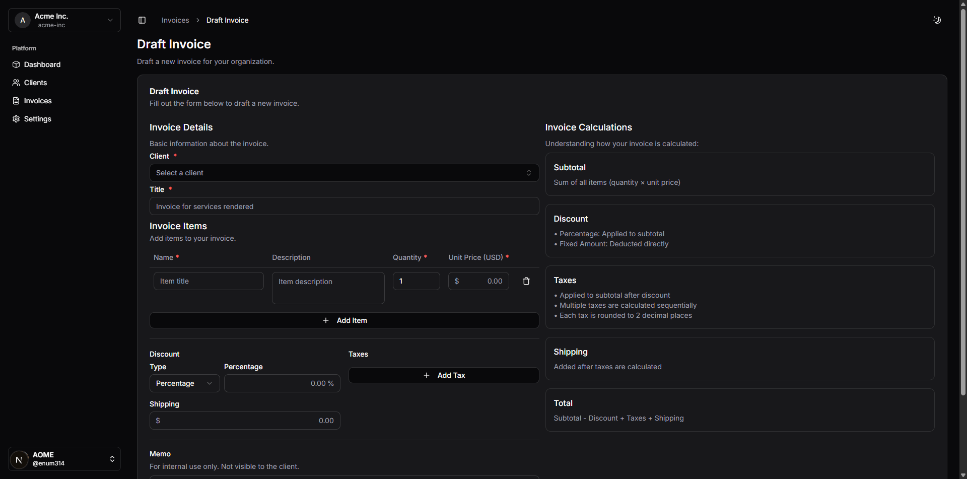 Invoice creation form with line items, taxes, and discount options