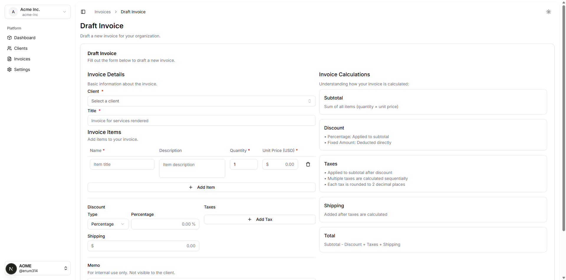Invoice creation form with line items, taxes, and discount options
