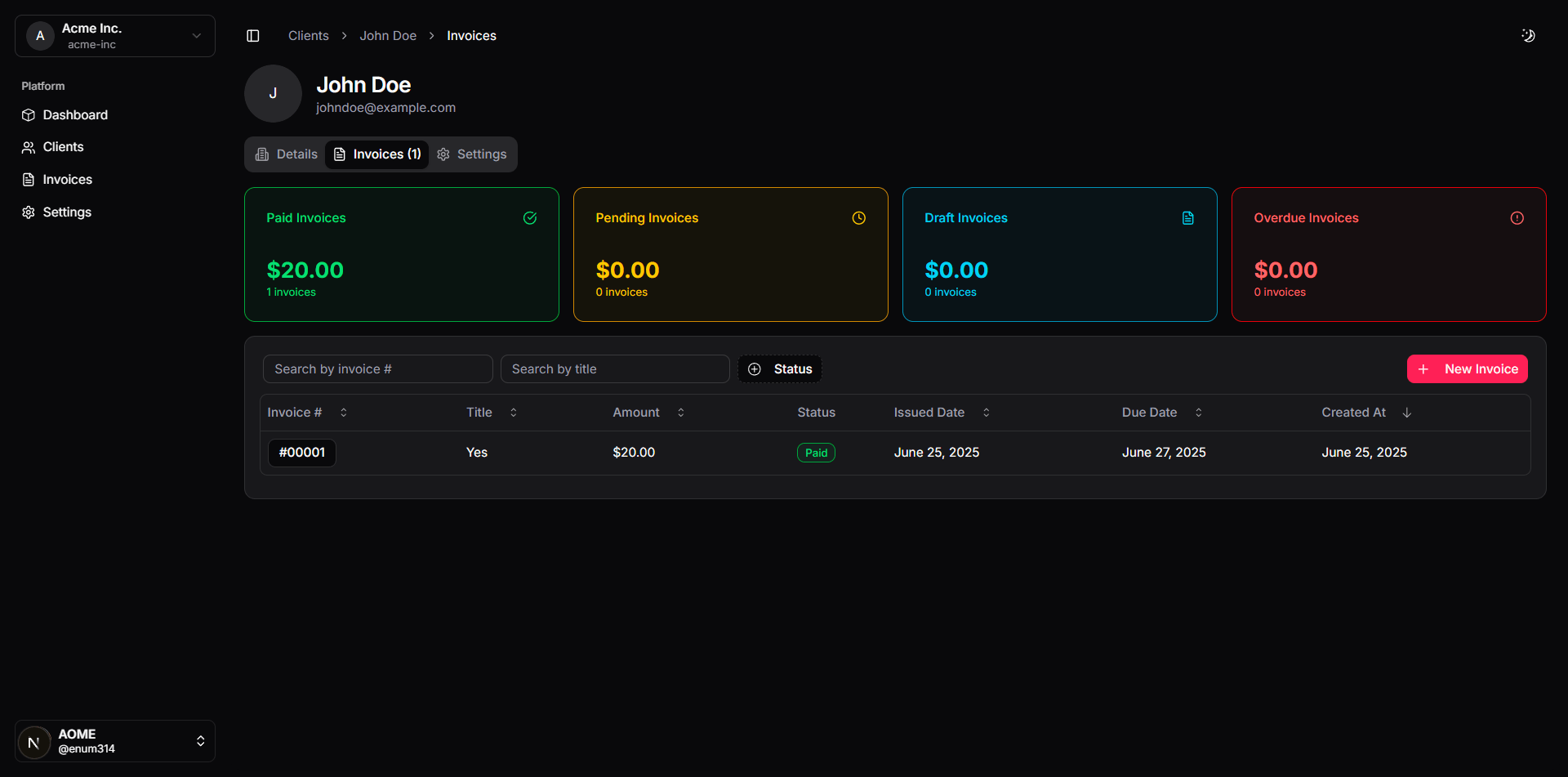 Invoice list page with status indicators and payment information