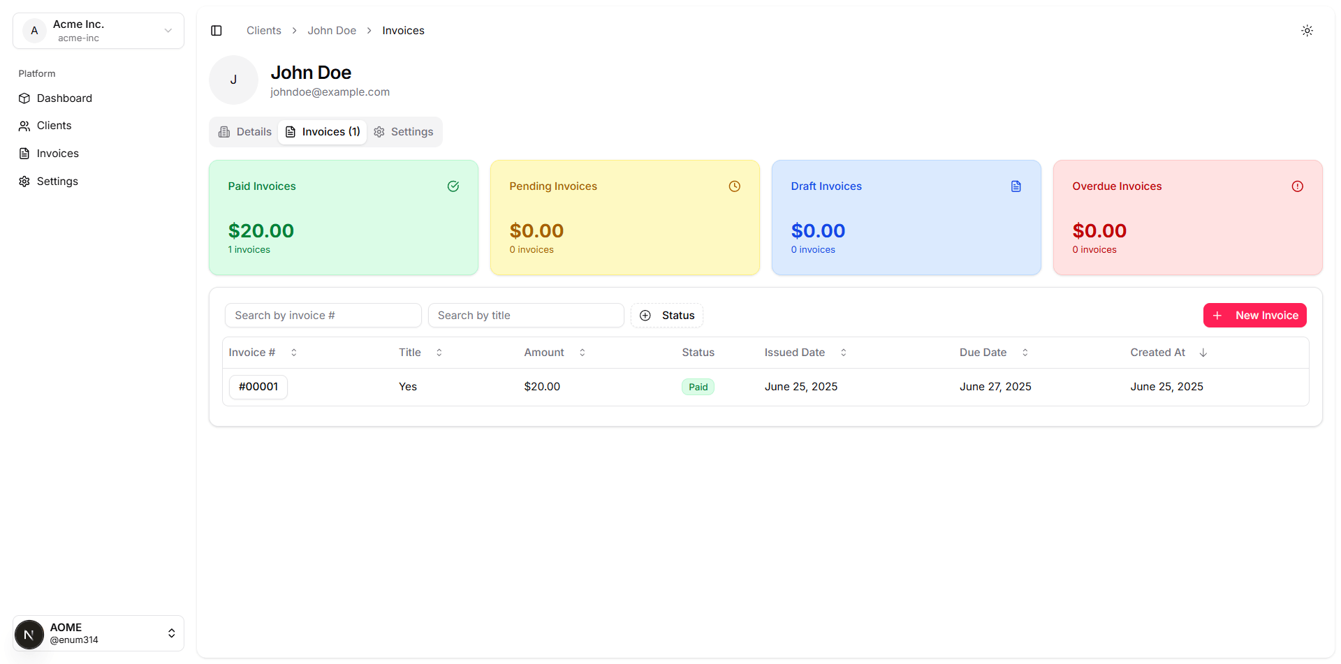 Invoice list page with status indicators and payment information