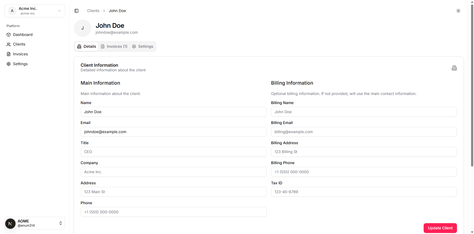 Individual client profile page with contact details, billing info, and invoice history