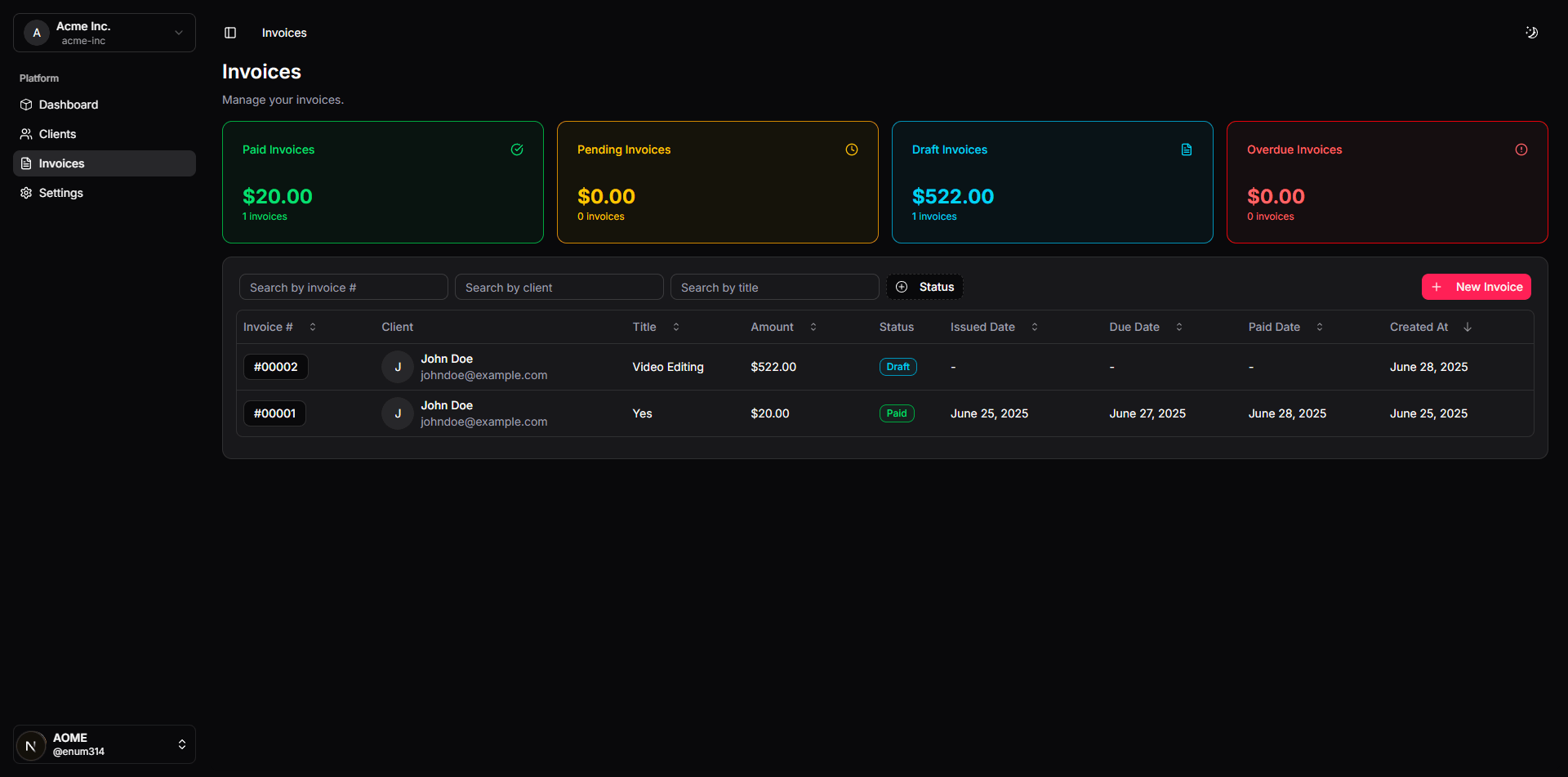 Invoice list page with status indicators and payment information