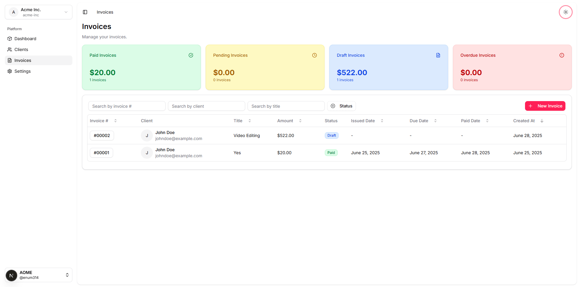 Invoice list page with status indicators and payment information