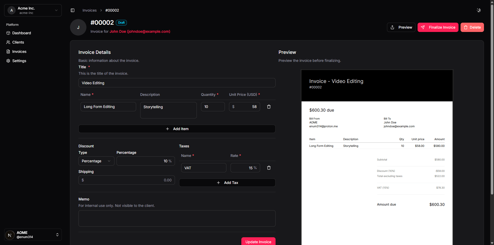 Generated invoice preview showing professional layout and branding