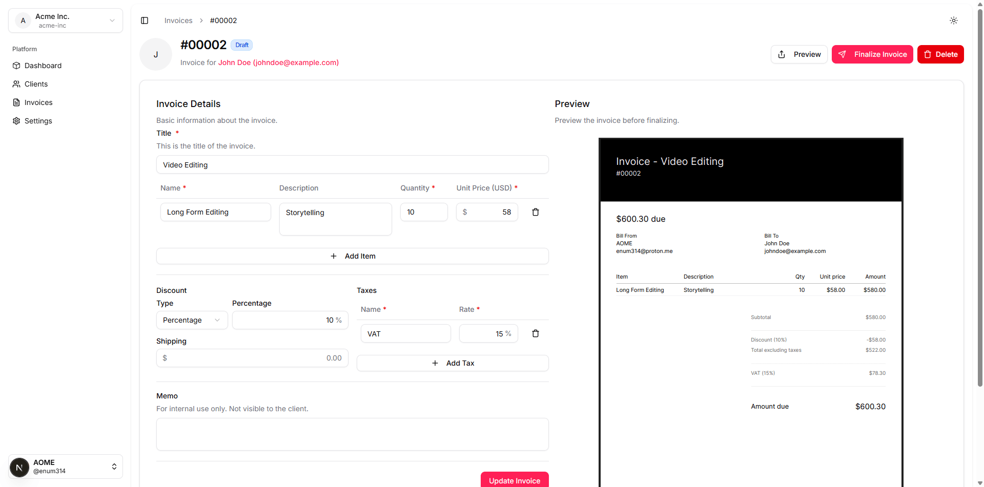 Generated invoice preview showing professional layout and branding