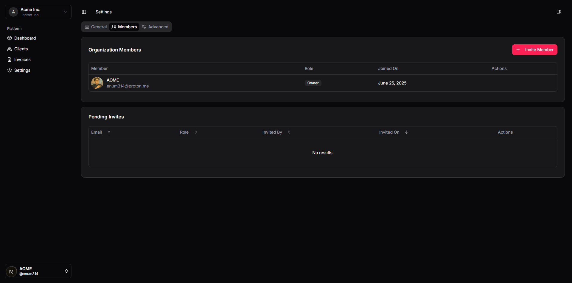 Team management page showing member roles and permissions
