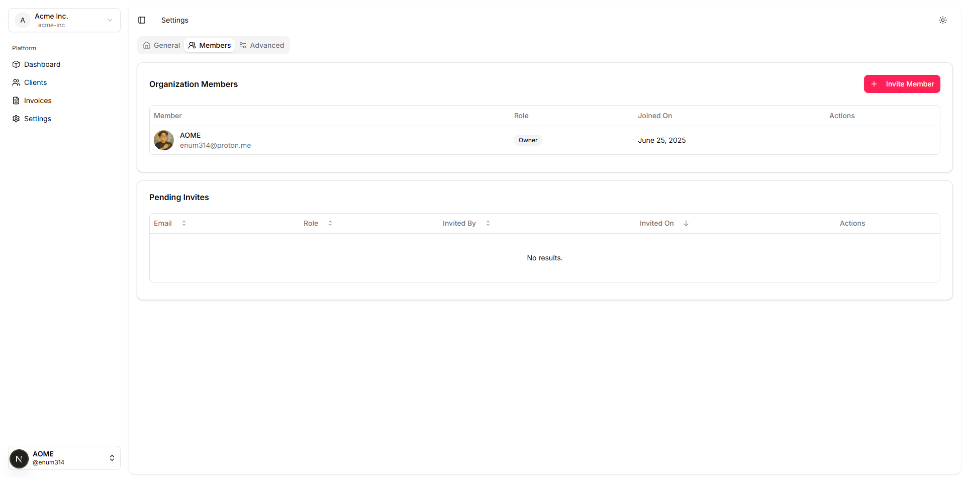 Team management page showing member roles and permissions