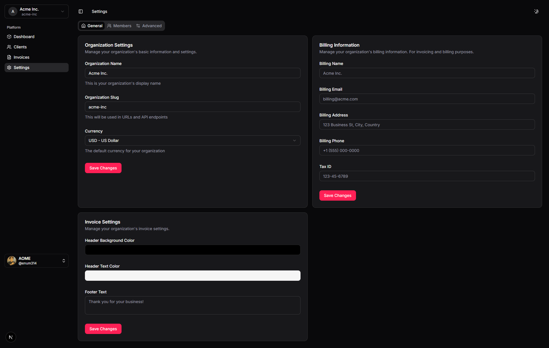 Organization settings page with branding options and business information