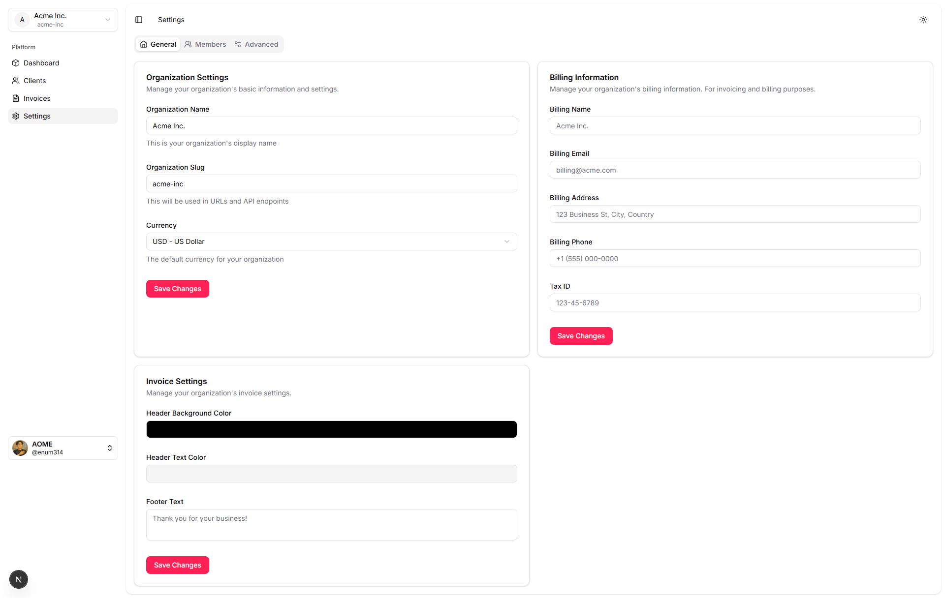 Organization settings page with branding options and business information