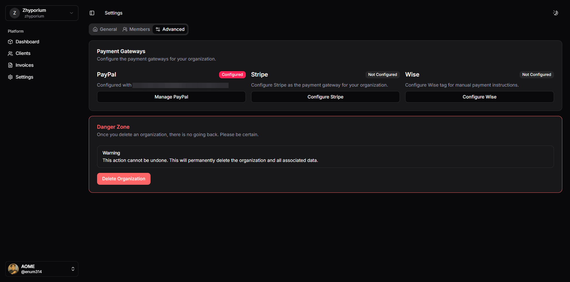 Payment settings page showing PayPal and Stripe configuration options