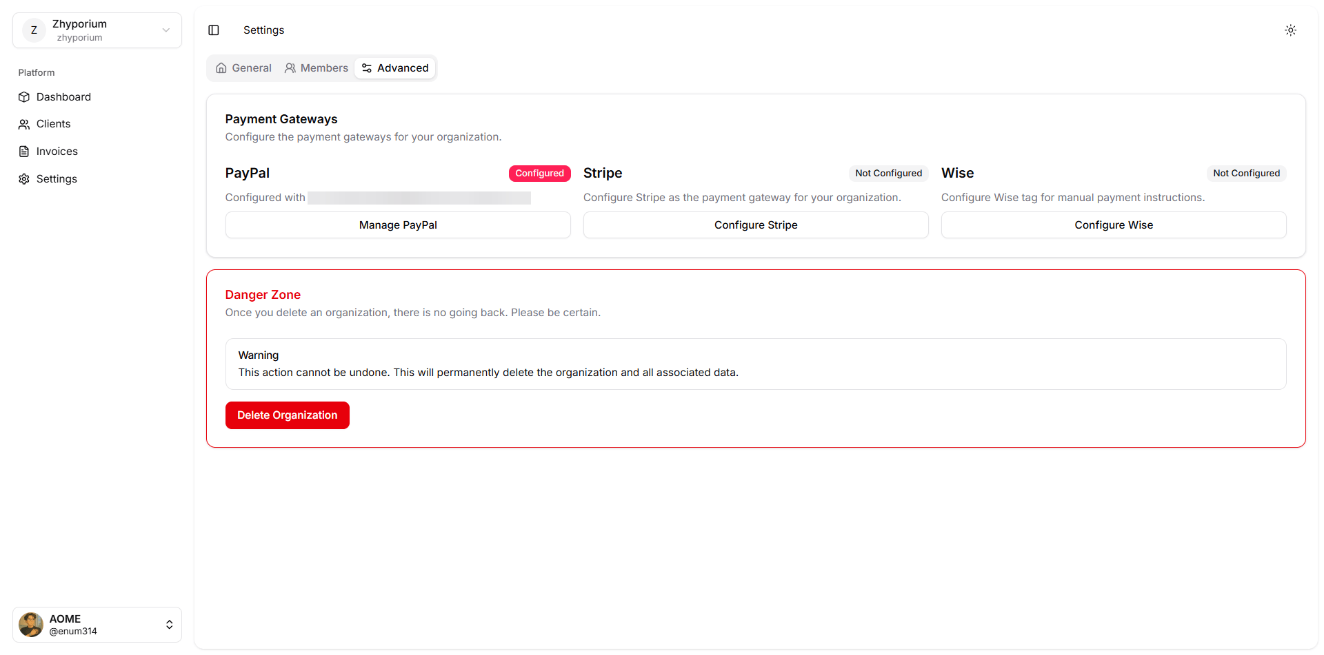 Payment settings page showing PayPal and Stripe configuration options
