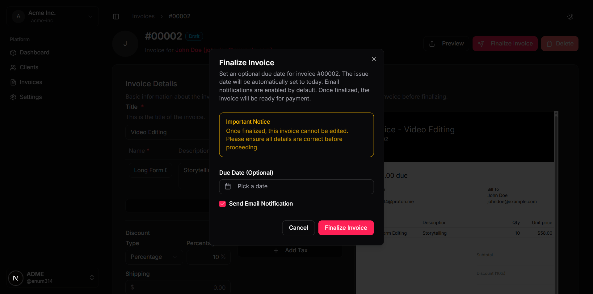 Invoice actions panel with save, issue, and download options
