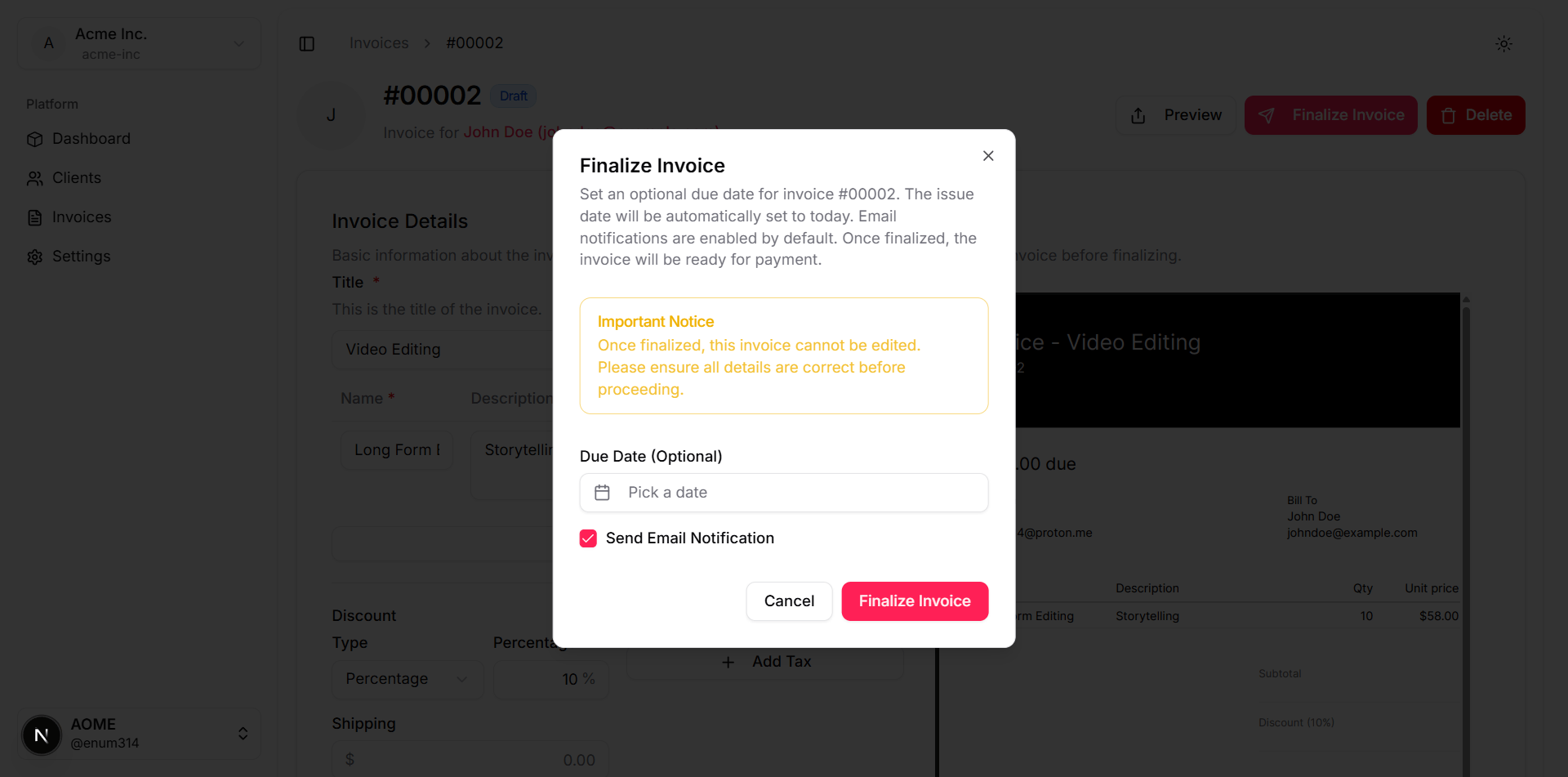 Invoice actions panel with save, issue, and download options
