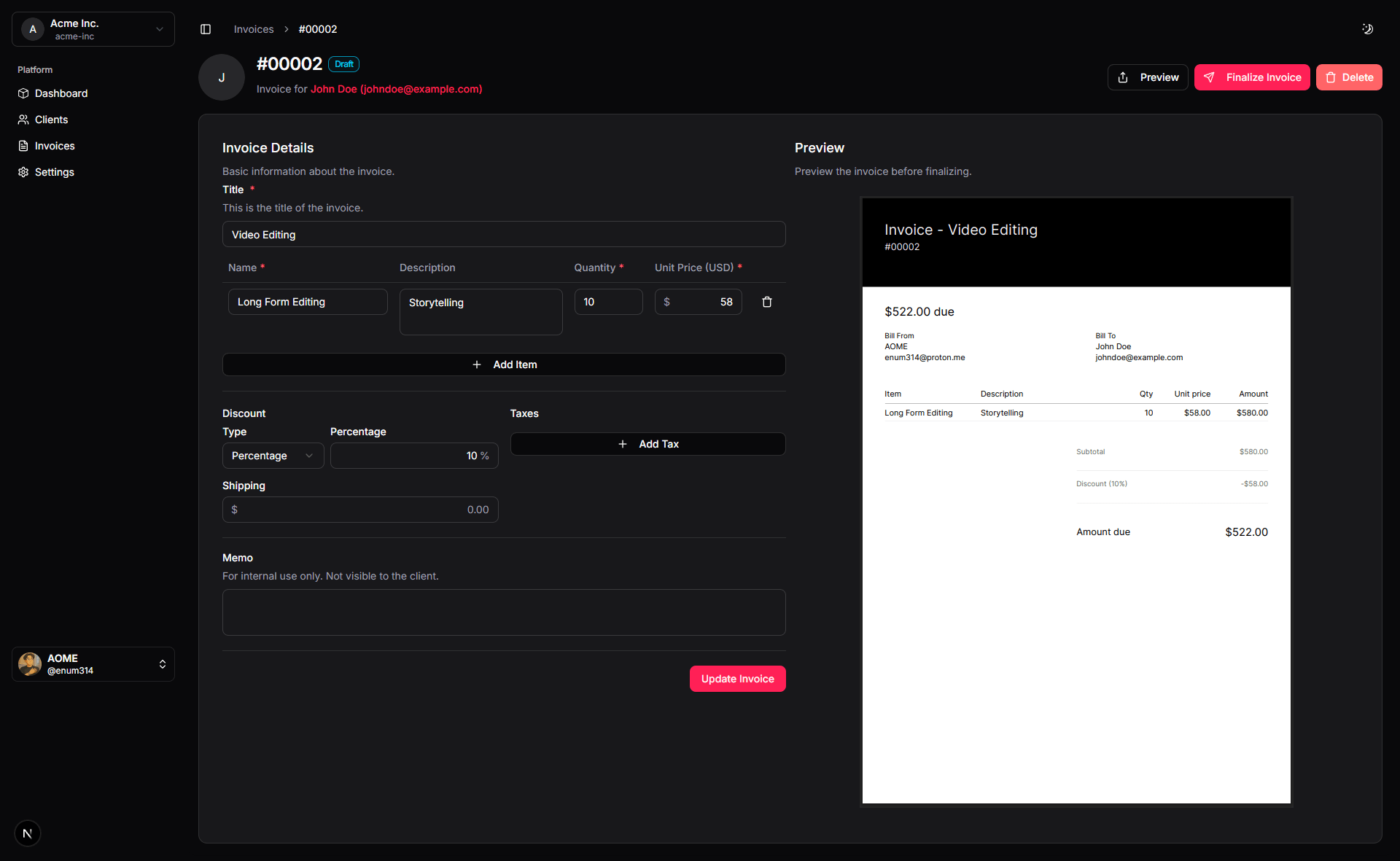 Invoice preview showing final layout and calculations