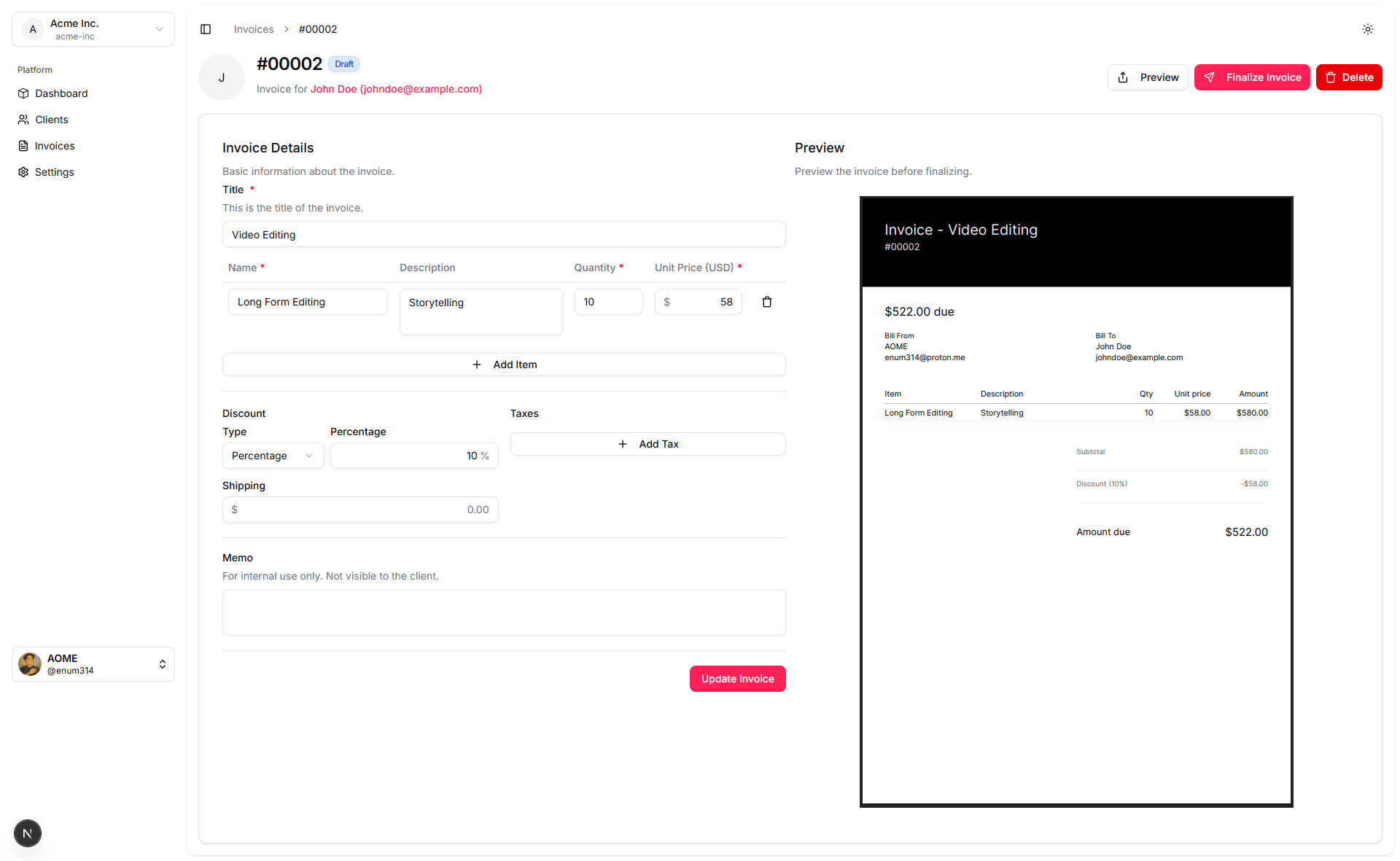 Invoice preview showing final layout and calculations