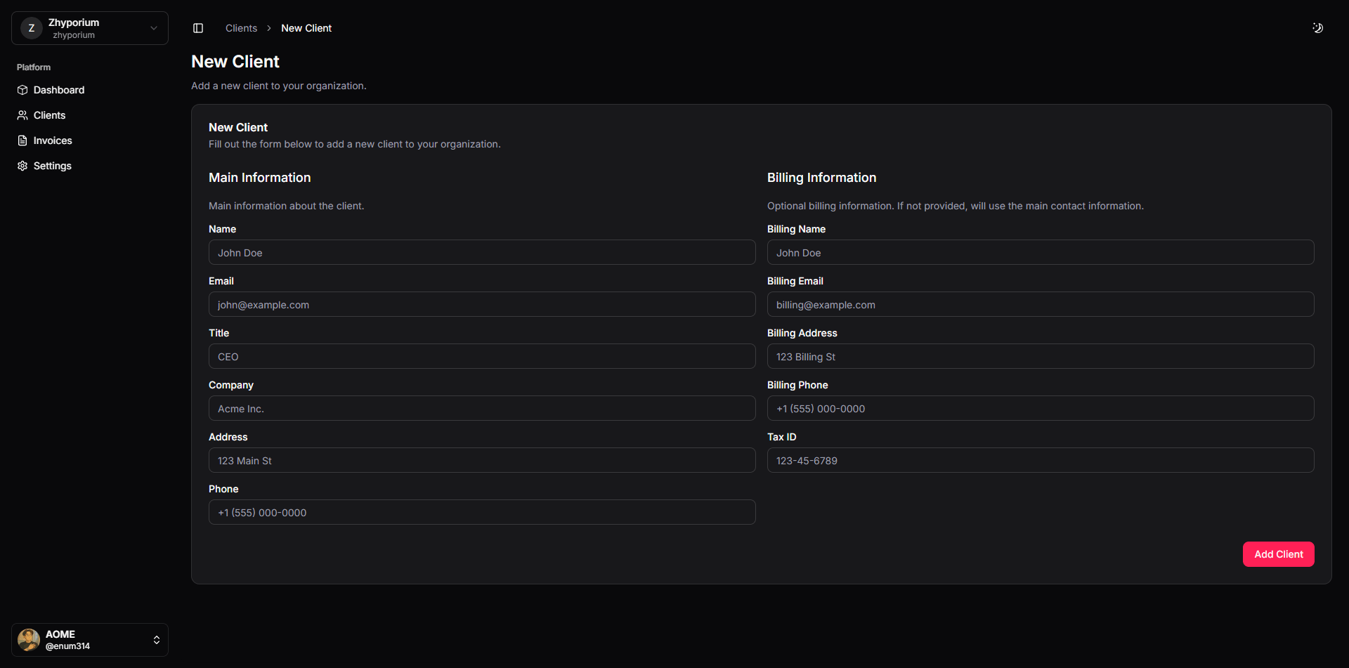 Client creation form with contact information fields