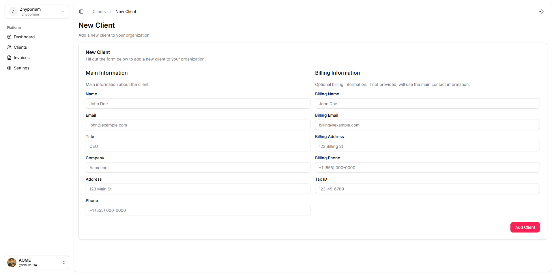Client creation form with contact information fields