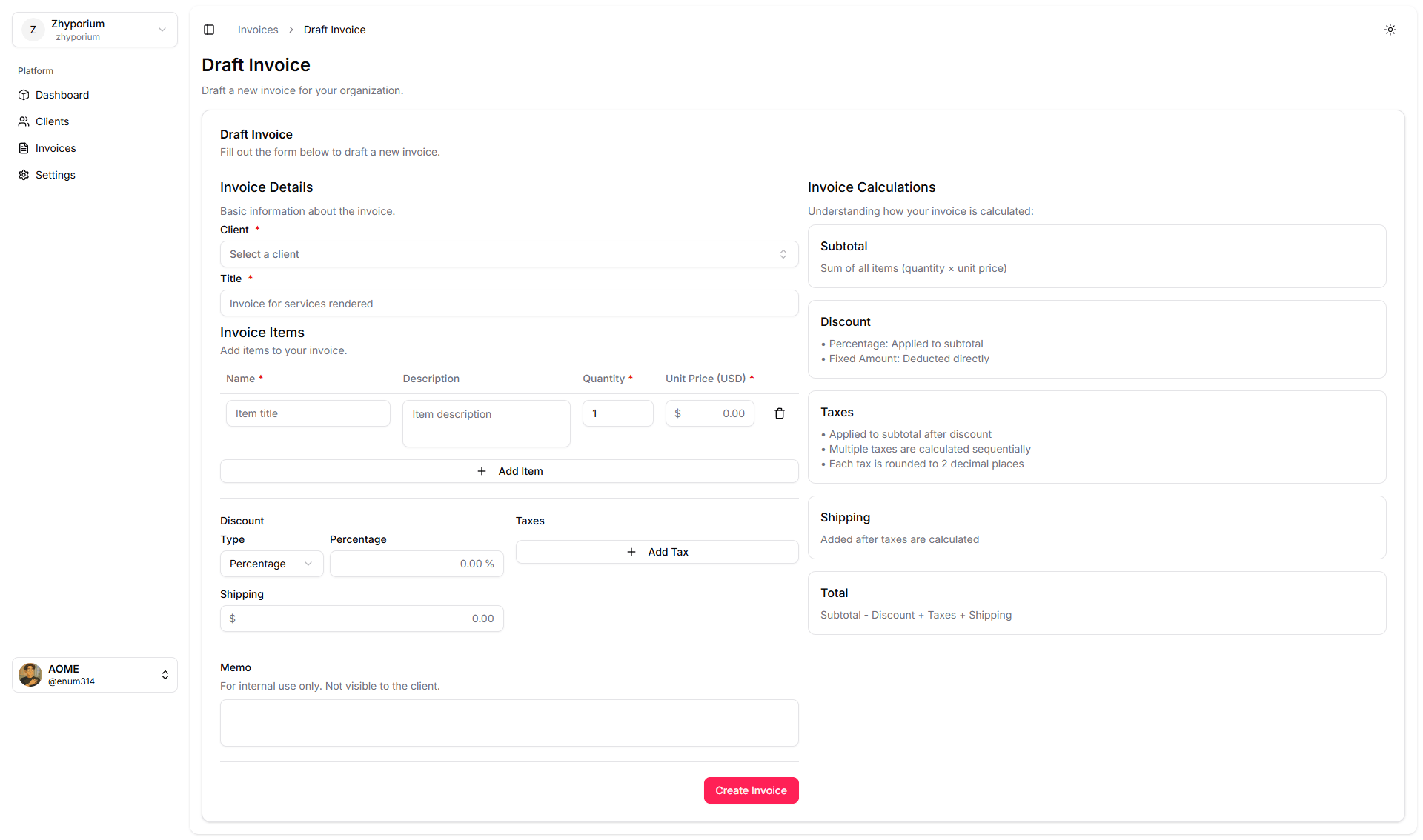 Invoice creation form with basic details section
